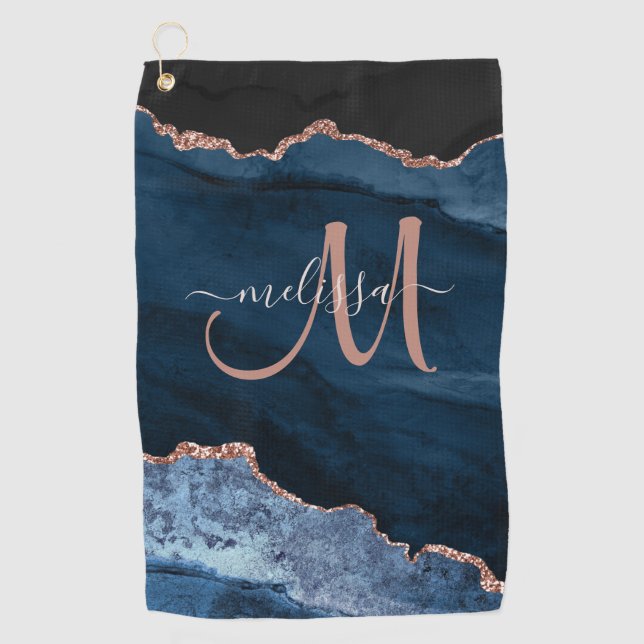 Chic Blue Rose Gold Agate Glitter Custom Monogram Golf Towel (Front)