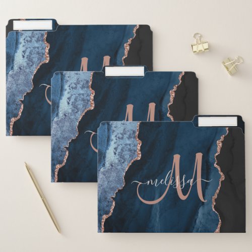 Chic Blue Rose Gold Agate Script Custom Monogram File Folder