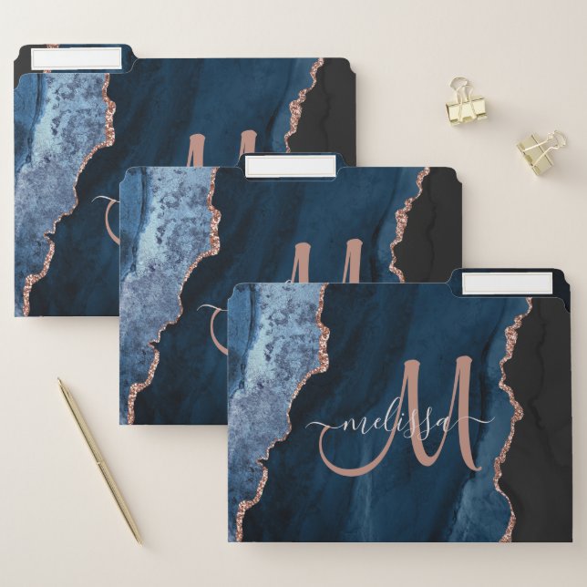 Chic Blue Rose Gold Agate Script Custom Monogram File Folder (Set)