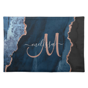 Chic Blue Rose Gold Agate Script Monogram Custom Cloth Placemat