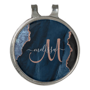 Chic Blue Rose Gold Agate Script Monogram Custom Golf Hat Clip