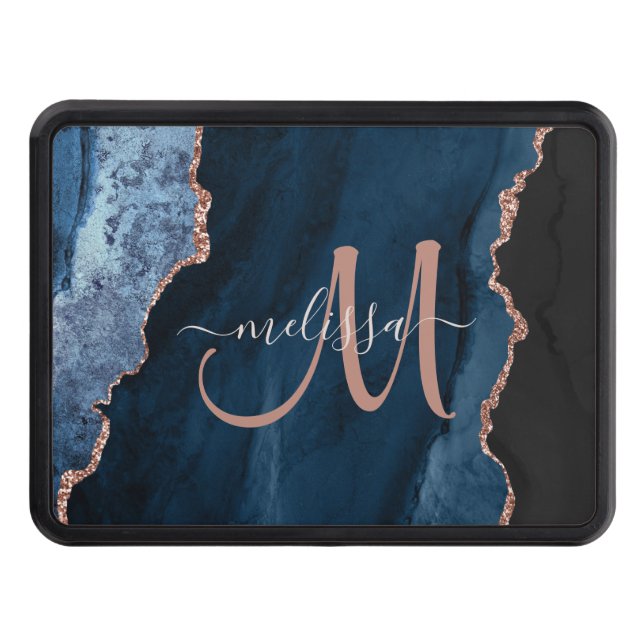 Chic Blue Rose Gold Agate Script Monogram Custom Hitch Cover (Front)