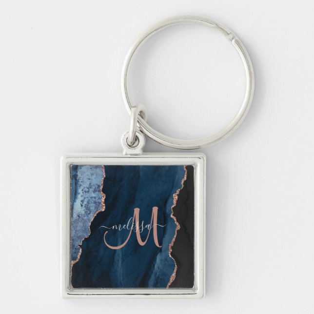 Chic Blue Rose Gold Agate Script Monogram Custom Keychain (Front)
