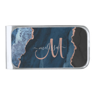 Chic Blue Rose Gold Agate Script Monogram Custom Silver Finish Money Clip