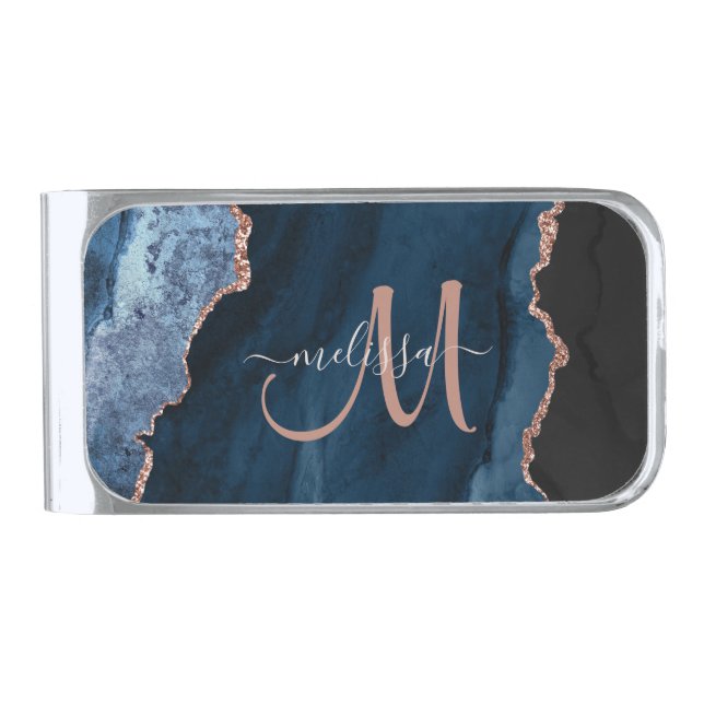 Chic Blue Rose Gold Agate Script Monogram Custom Silver Finish Money Clip (Front)