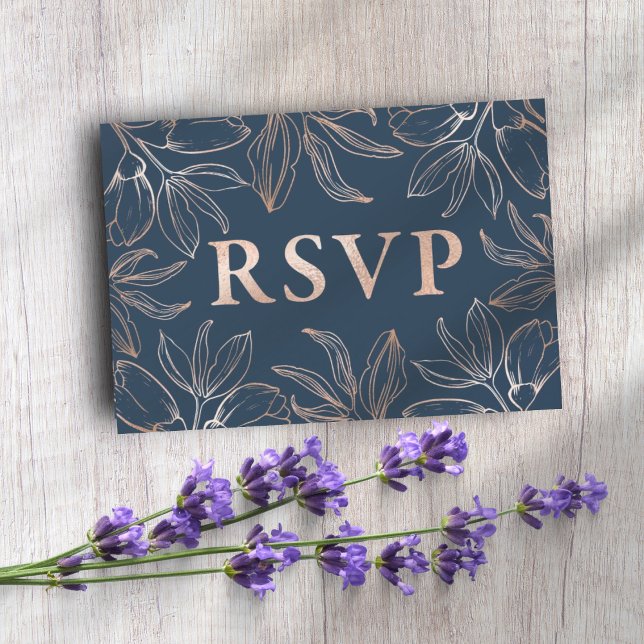 Chic Blue & Rose Gold Foliage RSVP QR code Wedding (Creator Uploaded)