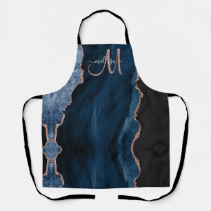 Chic Blue Rose Gold Glitter Agate Custom Monogram Apron