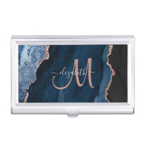 Chic Blue Rose Gold Glitter Agate Custom Monogram Business Card Case