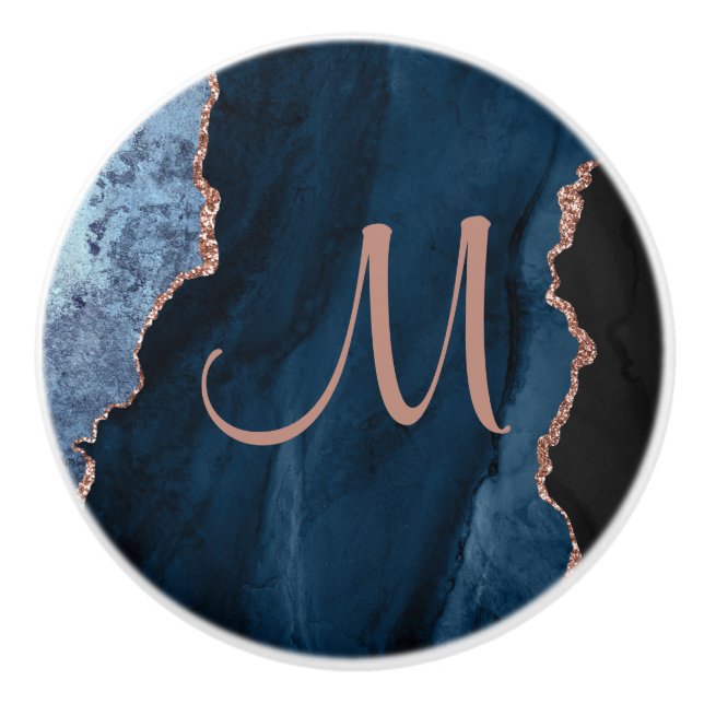 Chic Blue Rose Gold Glitter Agate Custom Monogram Ceramic Knob (Front)