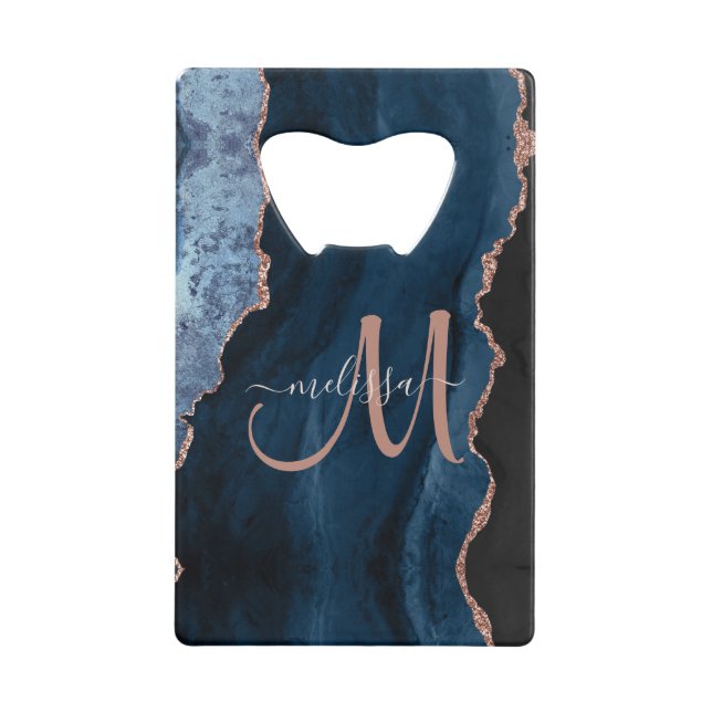 Chic Blue Rose Gold Glitter Agate Custom Monogram Credit Card Bottle Opener (Front)