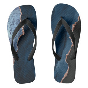 Chic Blue Rose Gold Glitter Agate Custom Monogram Flip Flops
