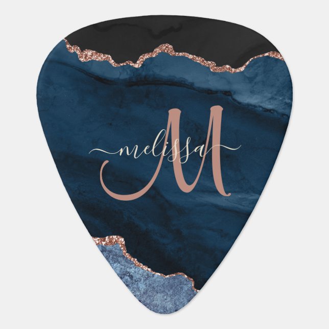 Chic Blue Rose Gold Glitter Agate Custom Monogram Guitar Pick (Front)