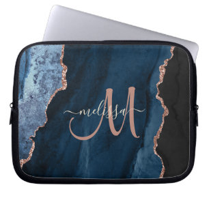 Chic Blue Rose Gold Glitter Agate Custom Monogram Laptop Sleeve