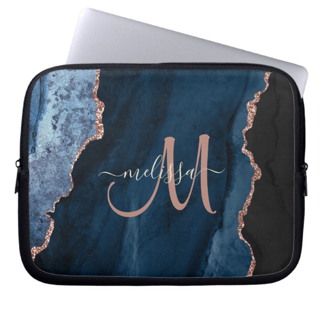 Chic Blue Rose Gold Glitter Agate Custom Monogram Laptop Sleeve (Front)
