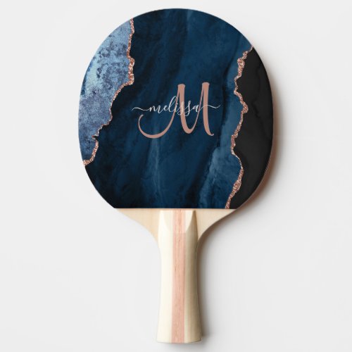 Chic Blue Rose Gold Glitter Agate Custom Monogram Ping Pong Paddle
