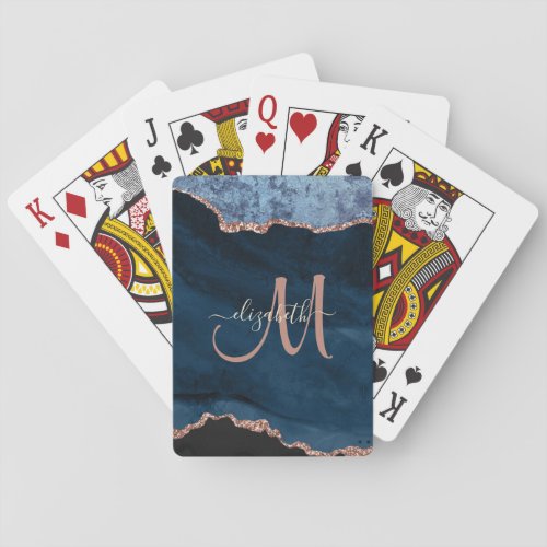 Chic Blue Rose Gold Glitter Agate Custom Monogram Poker Cards