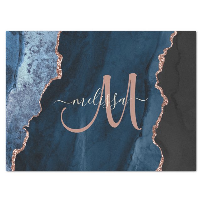 Chic Blue Rose Gold Glitter Agate Custom Monogram Tissue Paper (Front)