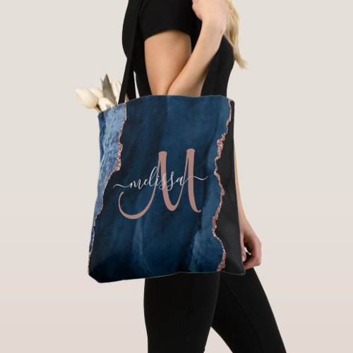 Chic Blue Rose Gold Glitter Agate Custom Monogram  Tote Bag