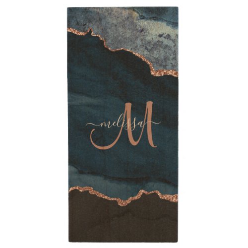 Chic Blue Rose Gold Glitter Agate Custom Monogram Wood Flash Drive