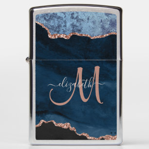 Chic Blue Rose Gold Glitter Agate Custom Monogram Zippo Lighter