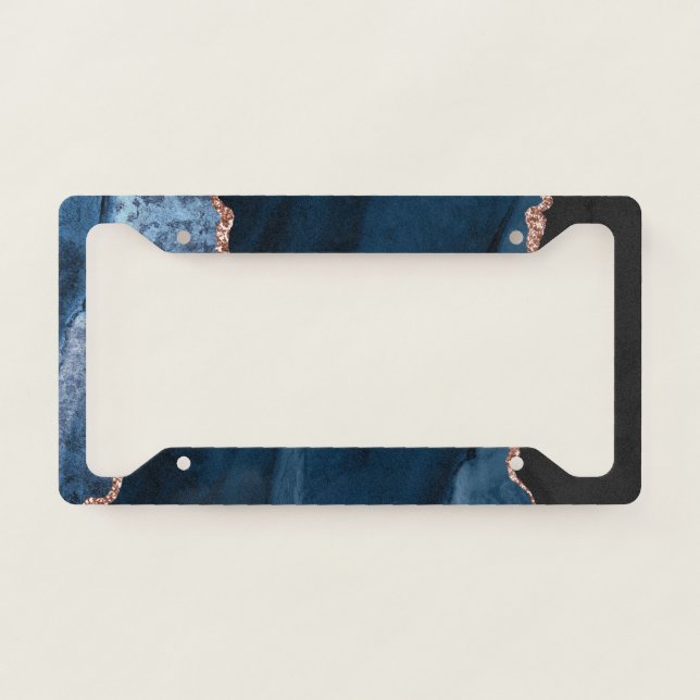 Chic Blue Rose Gold Glitter Agate  License Plate Frame (Front)