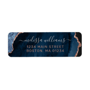 Chic Blue Rose Gold Glitter Agate Return Address Label
