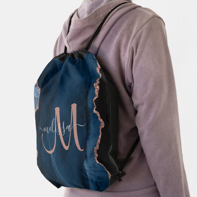 Chic Blue Rose Gold Glitter Custom Monogram Drawstring Bag (Insitu)