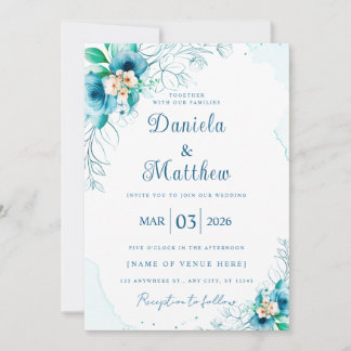 Chic Blue Rose Wedding Invitation w/ QR Code