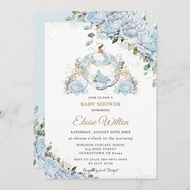 Chic Blue Roses Princess Carriage Baby Shower Invitation (Front/Back)