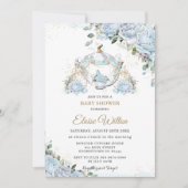 Chic Blue Roses Princess Carriage Baby Shower Invitation (Front)