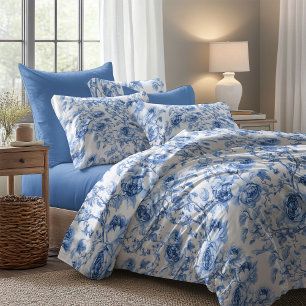 Chic Blue Roses Toile Floral Pattern Style Duvet   Cover