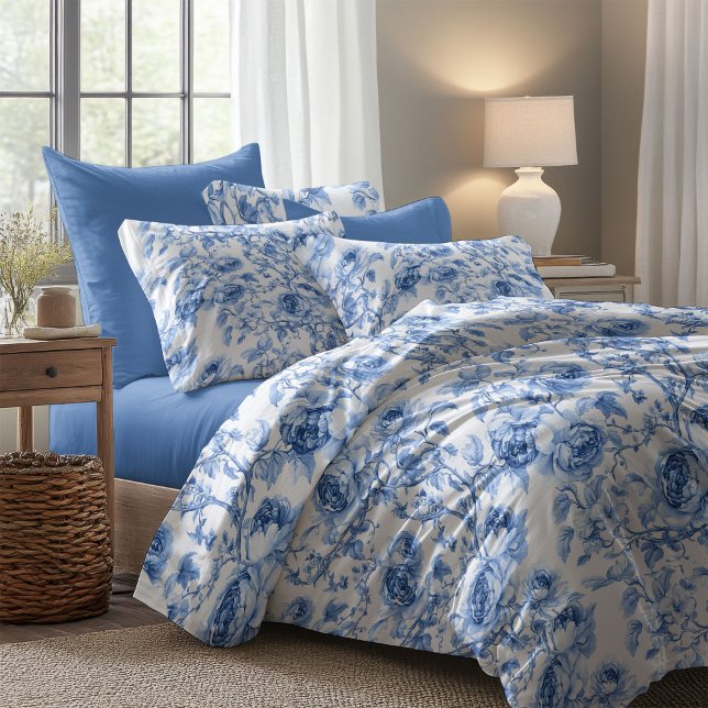 Chic Blue Roses Toile Floral Pattern Style Duvet   Cover (Chic Blue Roses Toile Floral Pattern Style Duvet Cover)