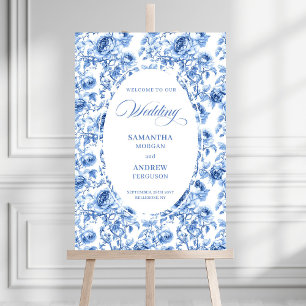 Chic Blue Roses Toile Wedding Welcome Poster