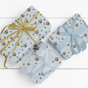 Chic Blue Royal Gold Crown Queen Bee  Wrapping Paper