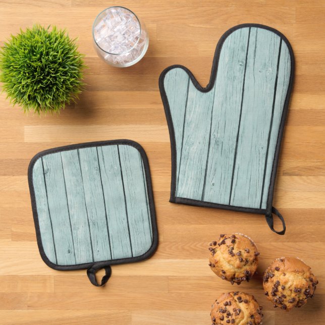 Chic Blue Rustic Wood Oven Mitt & Pot Holder Set (Top Down)