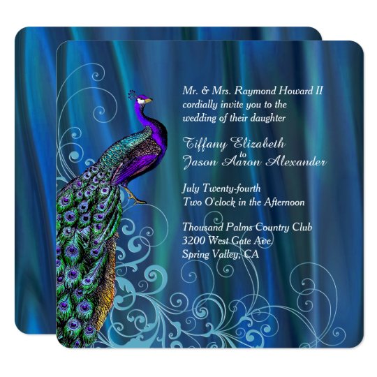 Chic Blue Satin and Peacock Wedding Invitation Zazzle com