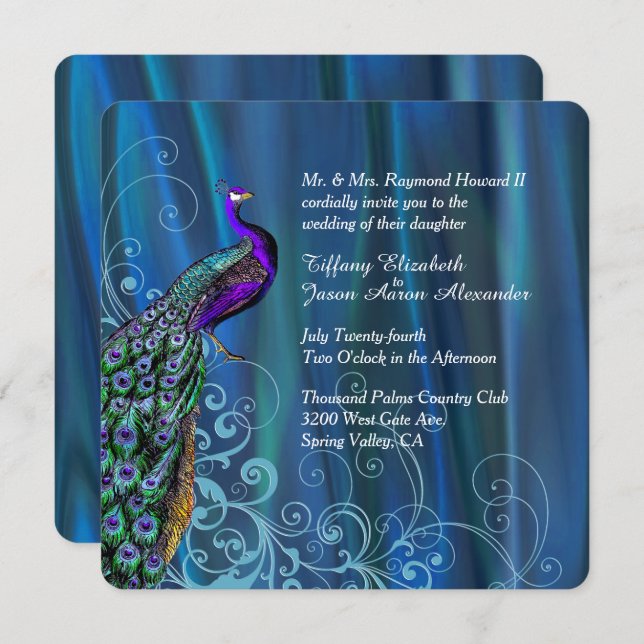Chic Blue Satin and Peacock Wedding Invitation (Front/Back)