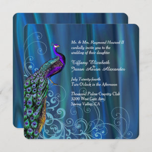 Chic Blue Satin and Peacock Wedding Invitation