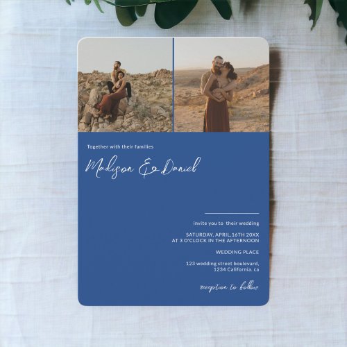 Chic blue script names 3 photos  qr code wedding invitation