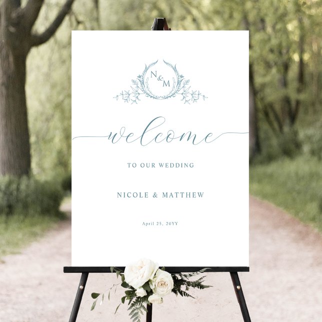 Chic Blue Sea Glass Monogram Wedding Welcome Sign (Creator Uploaded)
