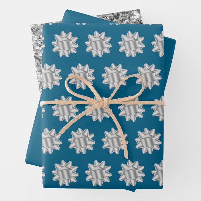 Chic Blue Silver Bows Glitter Christmas Wrapping Paper Sheets (In situ)