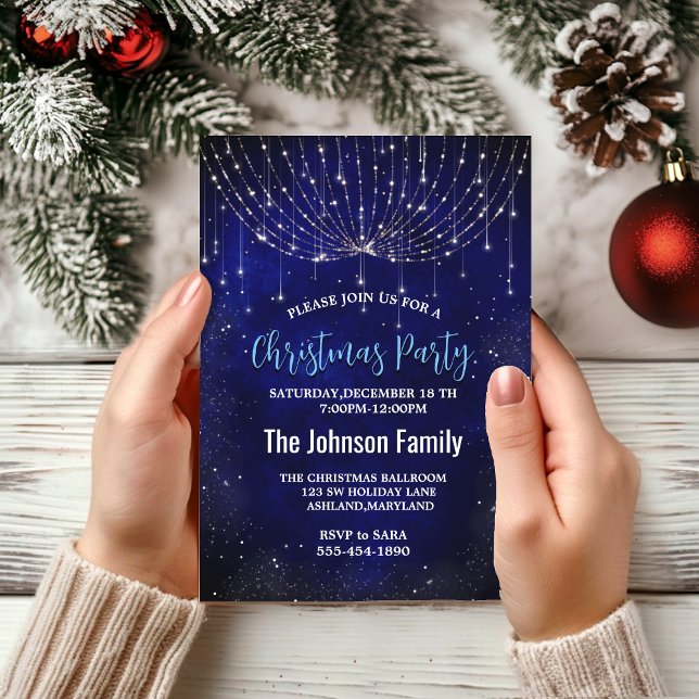 Chic blue silver faux glitter Christmas lights  Invitation (Creator Uploaded)
