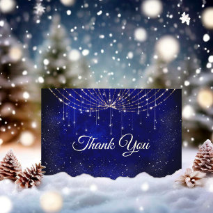 Chic blue silver faux glitter lights thank you card