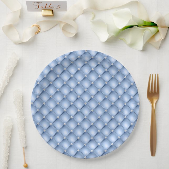 Chic Blue Silver Faux Tufted Paper Plates (Wedding)