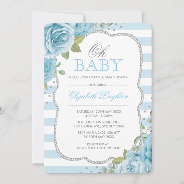 Chic Blue Silver Floral Boy Baby Shower Invitation (Front)