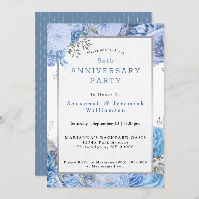 Chic Blue Silver Floral Customizable Anniversary Invitation (Front/Back)