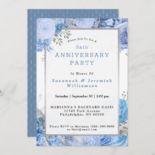 Chic Blue Silver Floral Customizable Anniversary Invitation