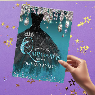 Chic Blue silver glitter drips Quinceanera Invitation
