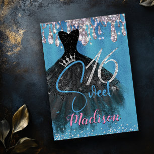Chic Blue silver glitter drips sweet 16 Invitation