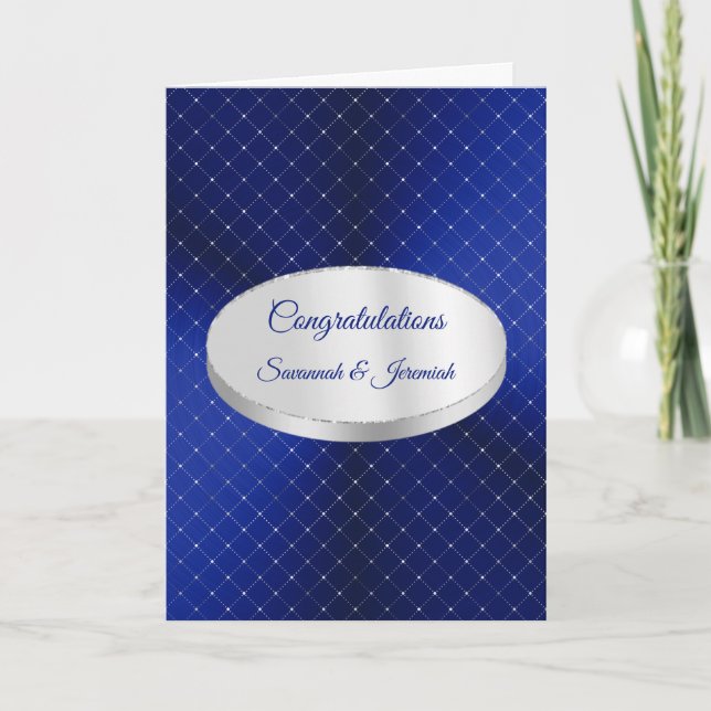 Chic Blue Silver Squares Customize Congratulations Card (Front)